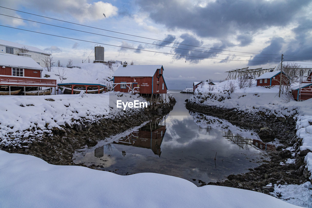 SNOW COVERED HOUSES AGAINST SKY