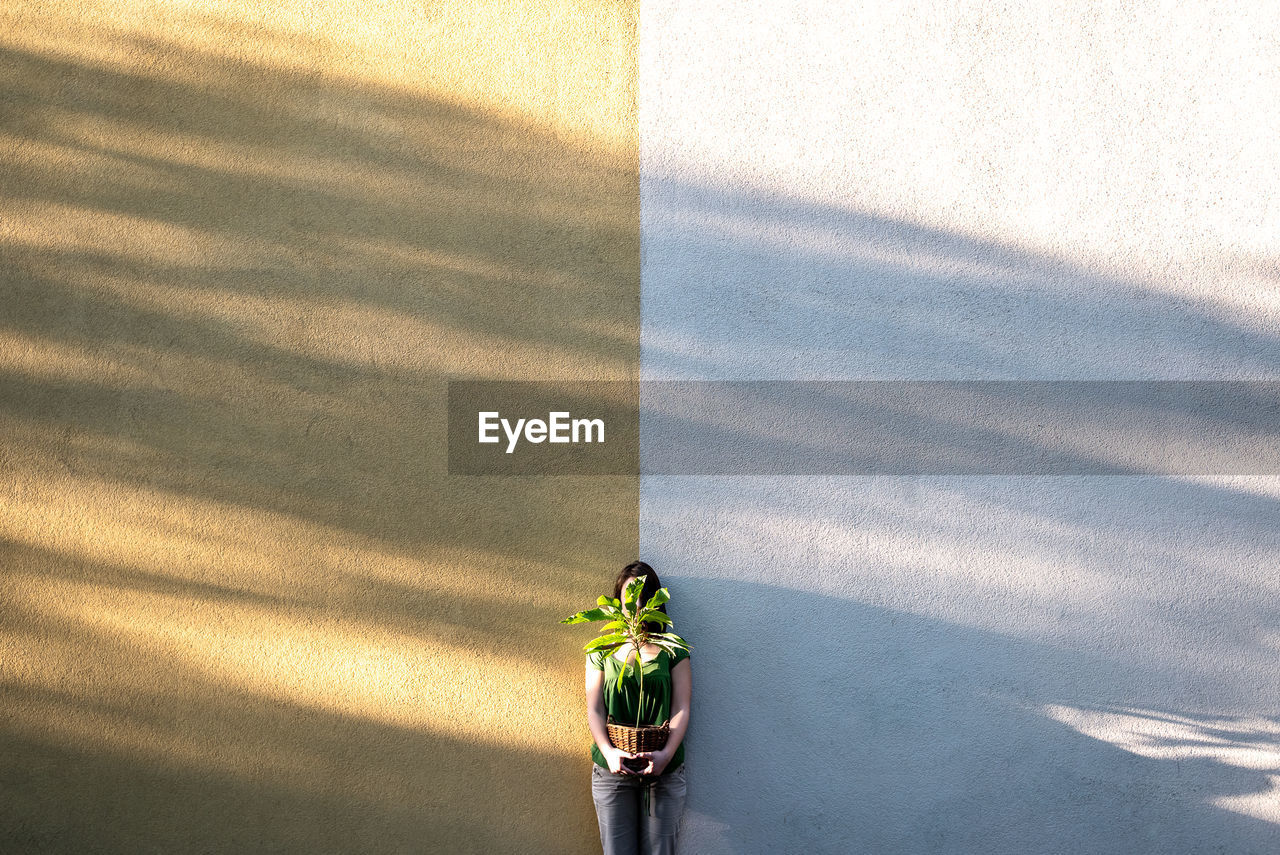 Low angle view of woman with potted plant on wall