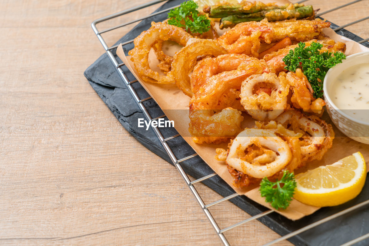 high angle view of food served in plate on table