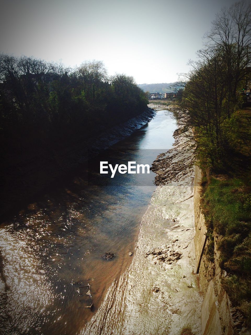 High angle view of river amidst trees against clear sky