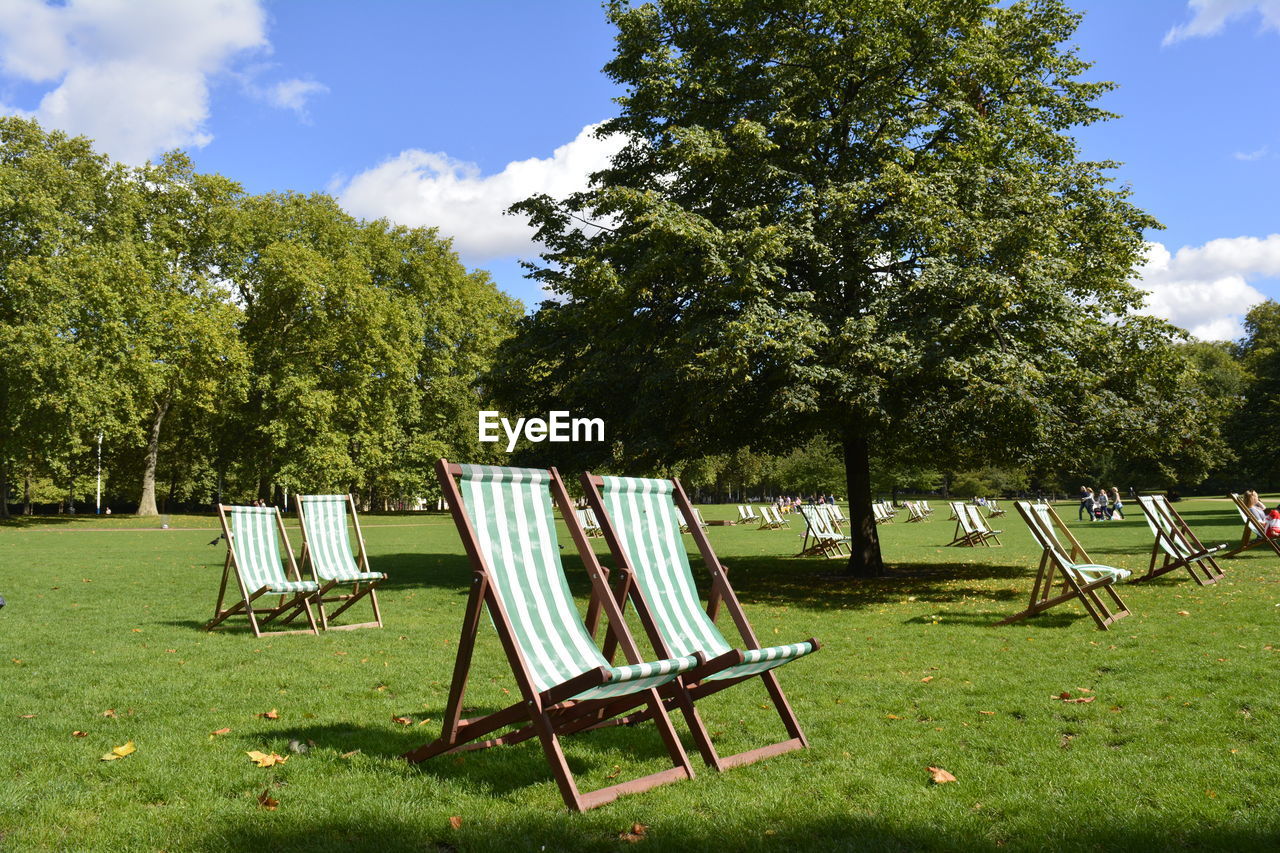 EMPTY CHAIRS BY TREES AGAINST SKY