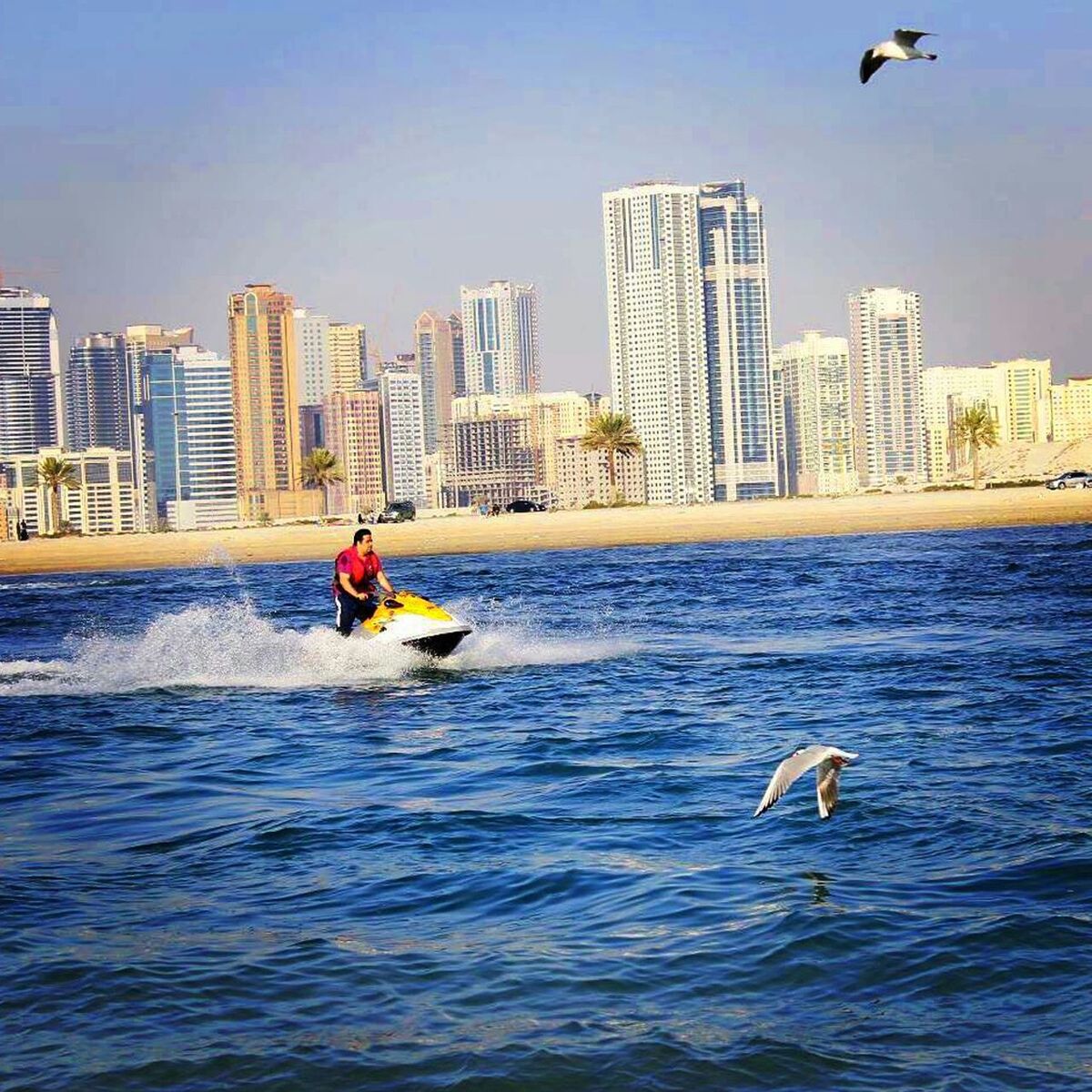 Man jet boating in blue sea at beach against buildings in city