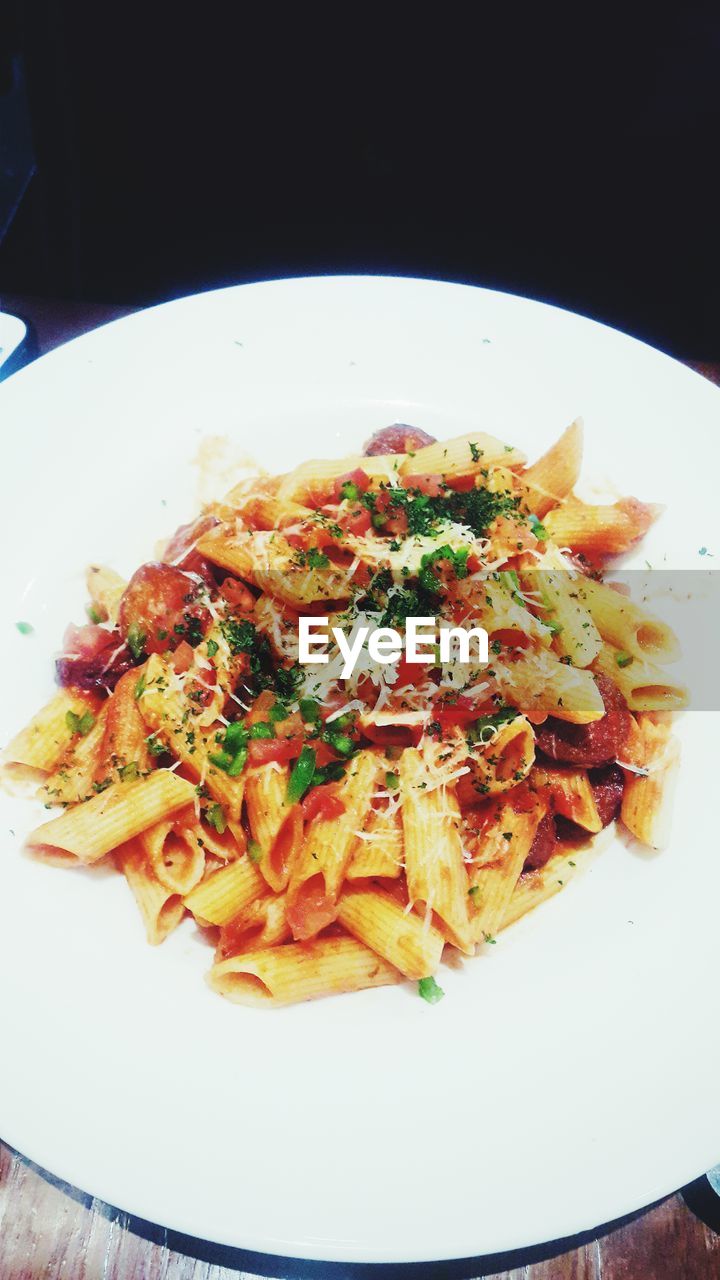 High angle view of pasta served in plate