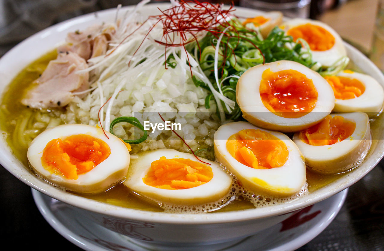 High angle view of breakfast served on table