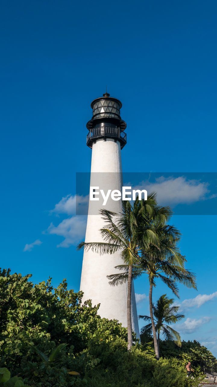 Low angle view of lighthouse in key biscayne, florida, against sky