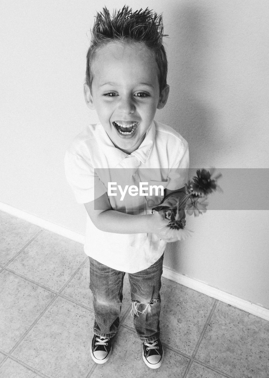 High angle view of smiling boy standing with flowers at home