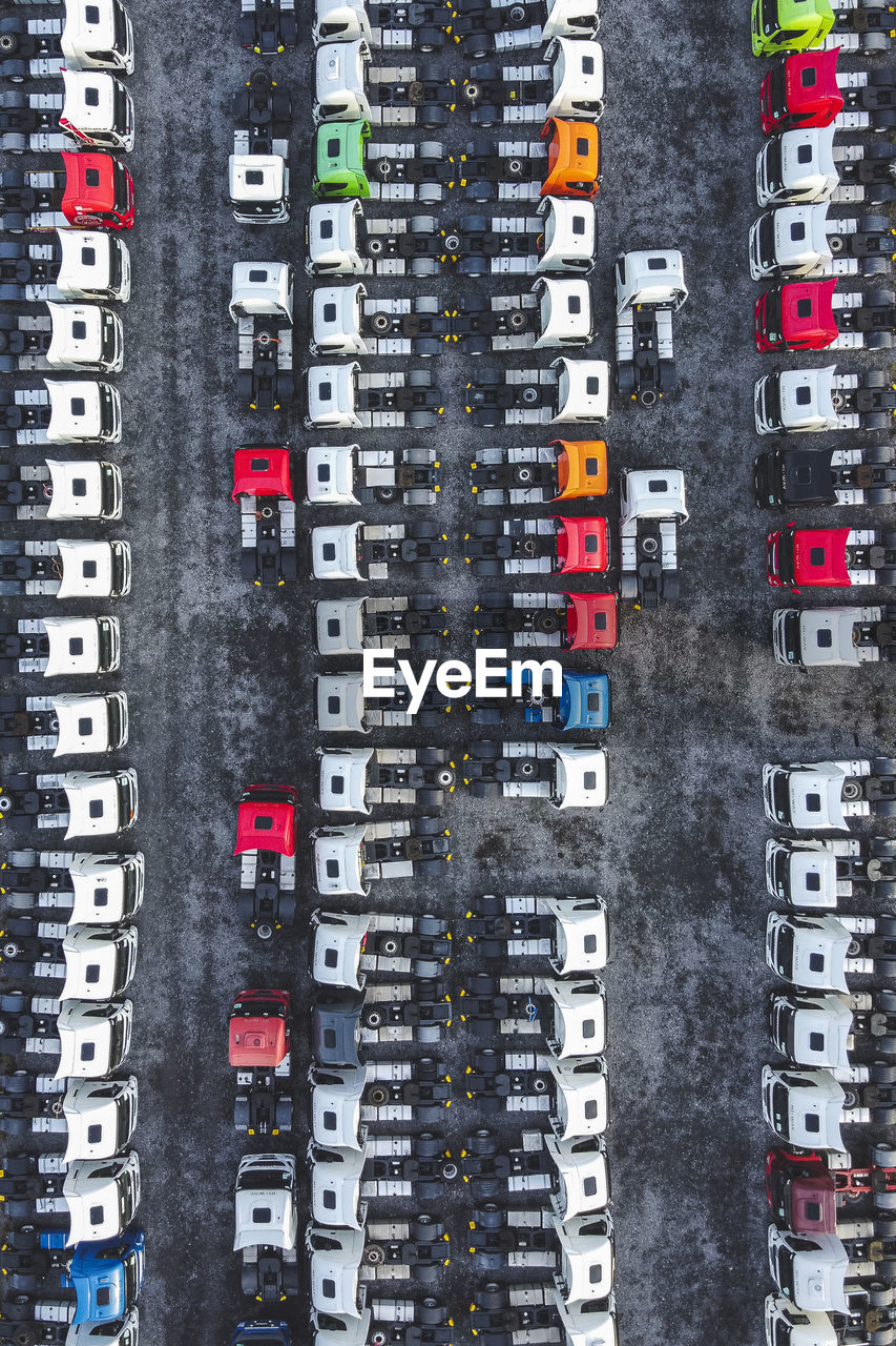 Aerial view of trucks in city