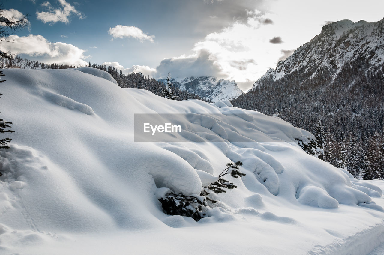 Scenic view of snow covered mountains against sky