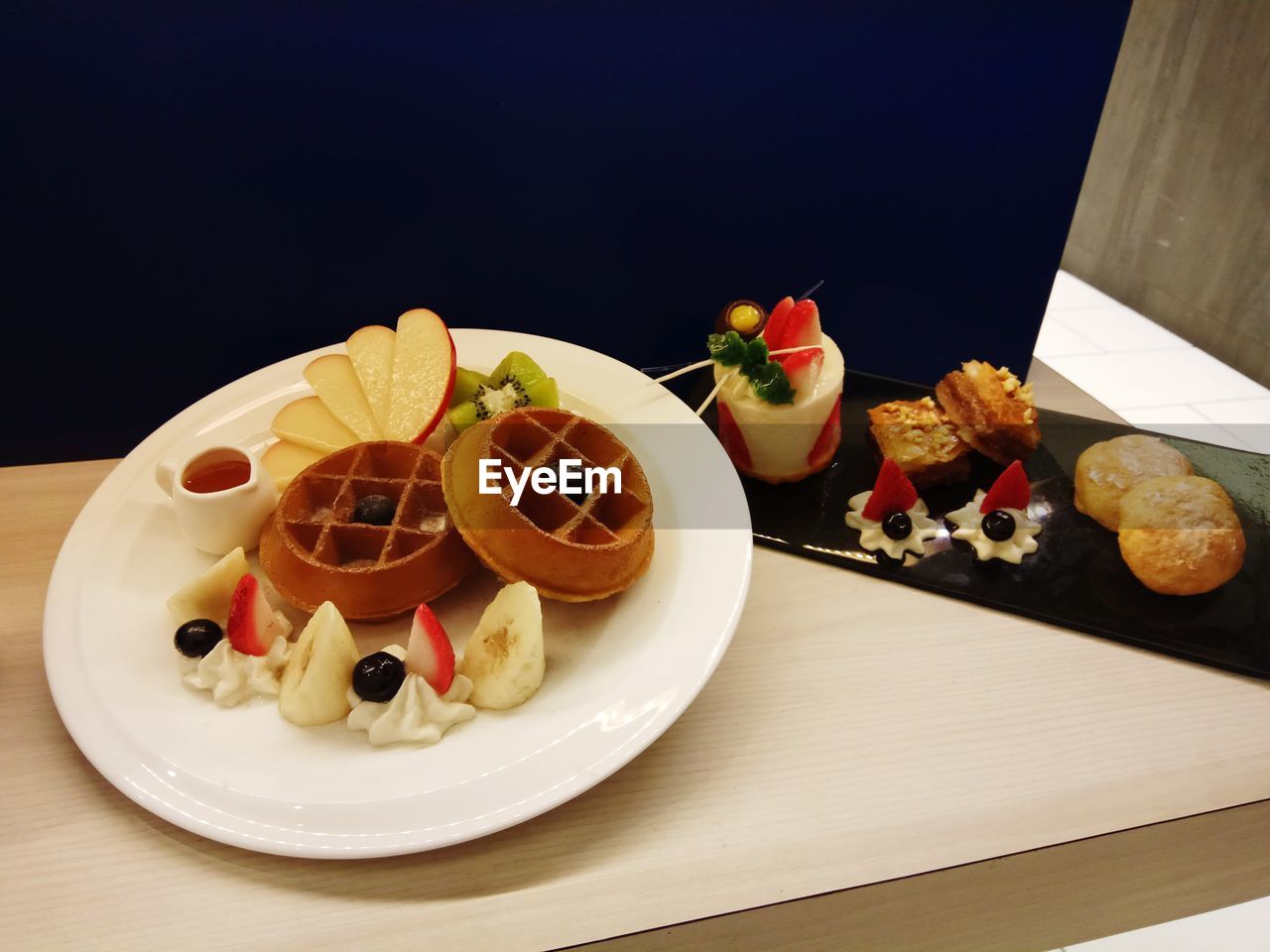 High angle view of sweet food served in plate on table