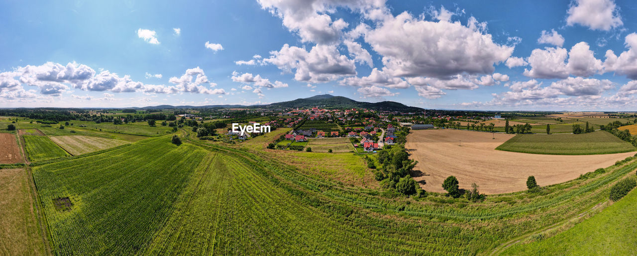 Aerial view of agricultural and green fields in countryside