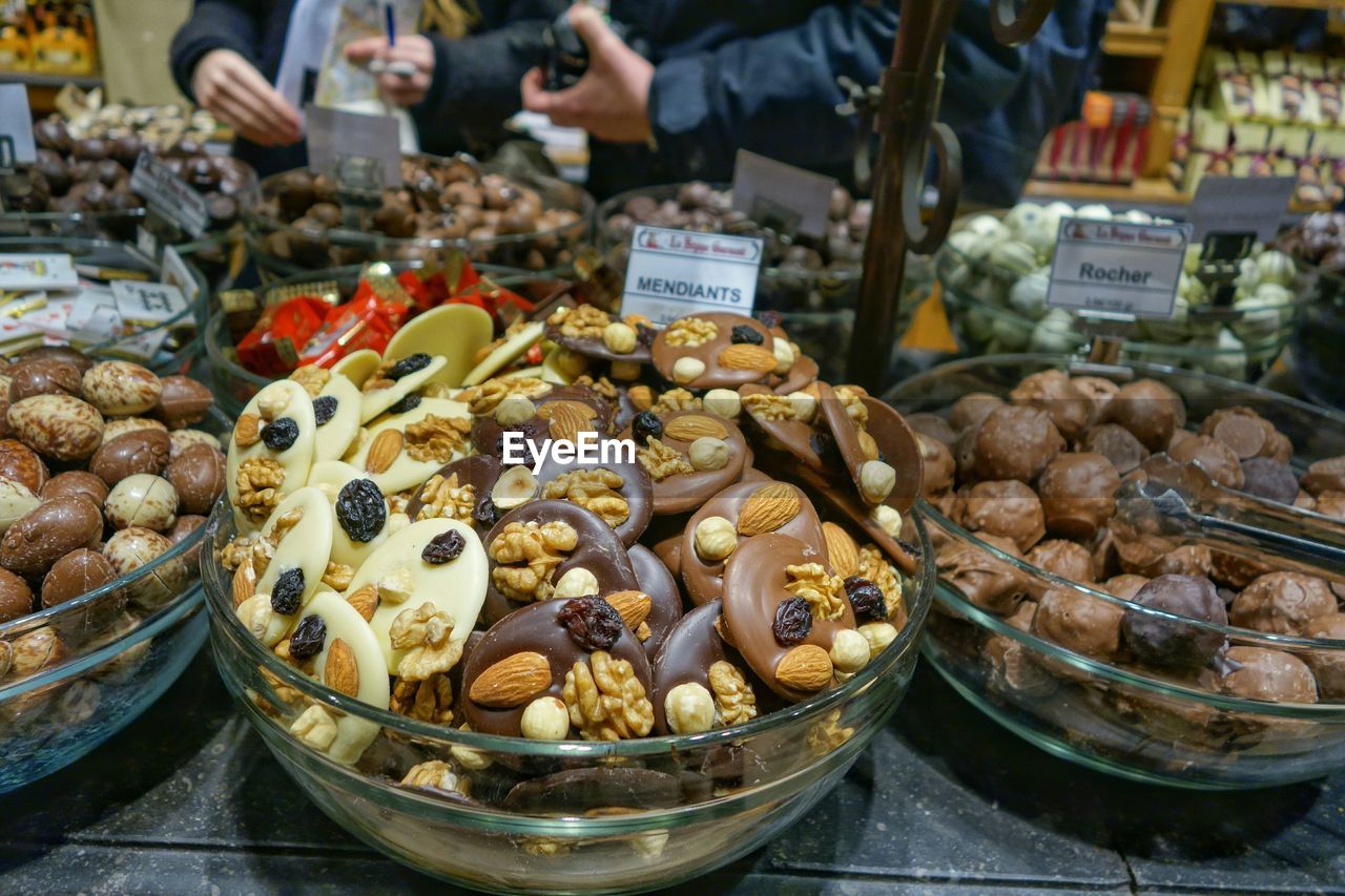 Chocolate chip cookies in glass bowls for sale