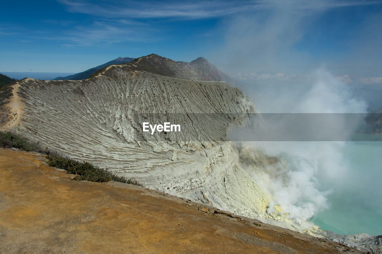 Scenic view of smoke emitting from hot springs at ijen