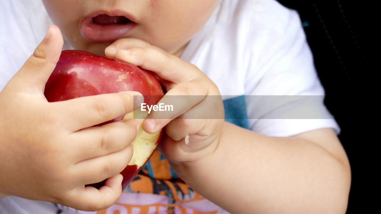 Midsection of baby eating apple