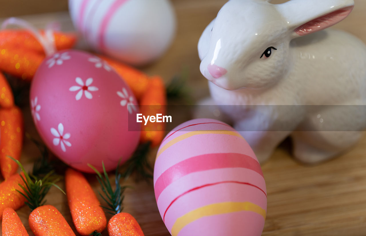 Close-up of easter eggs on table