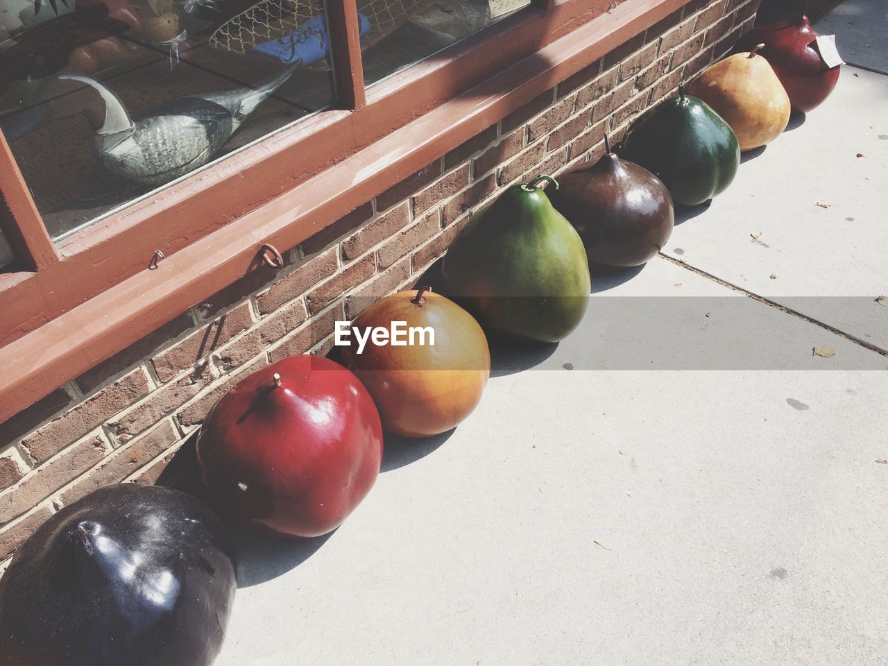 High angle view of multi colored pumpkins on walkway