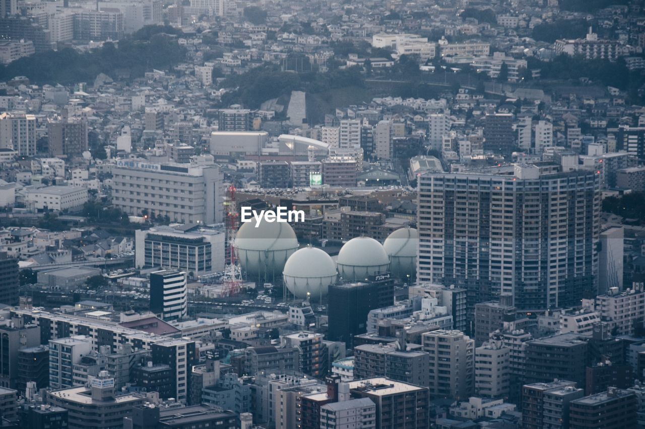 High angle view of buildings in city