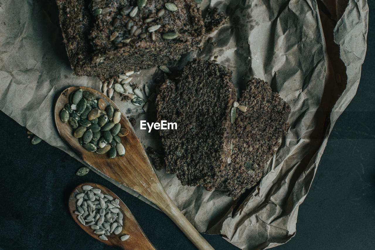 High angle view of dried food on table