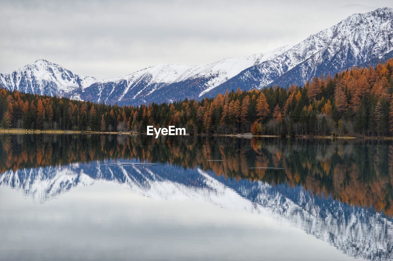 Scenic view of snowcapped mountains and lake against sky