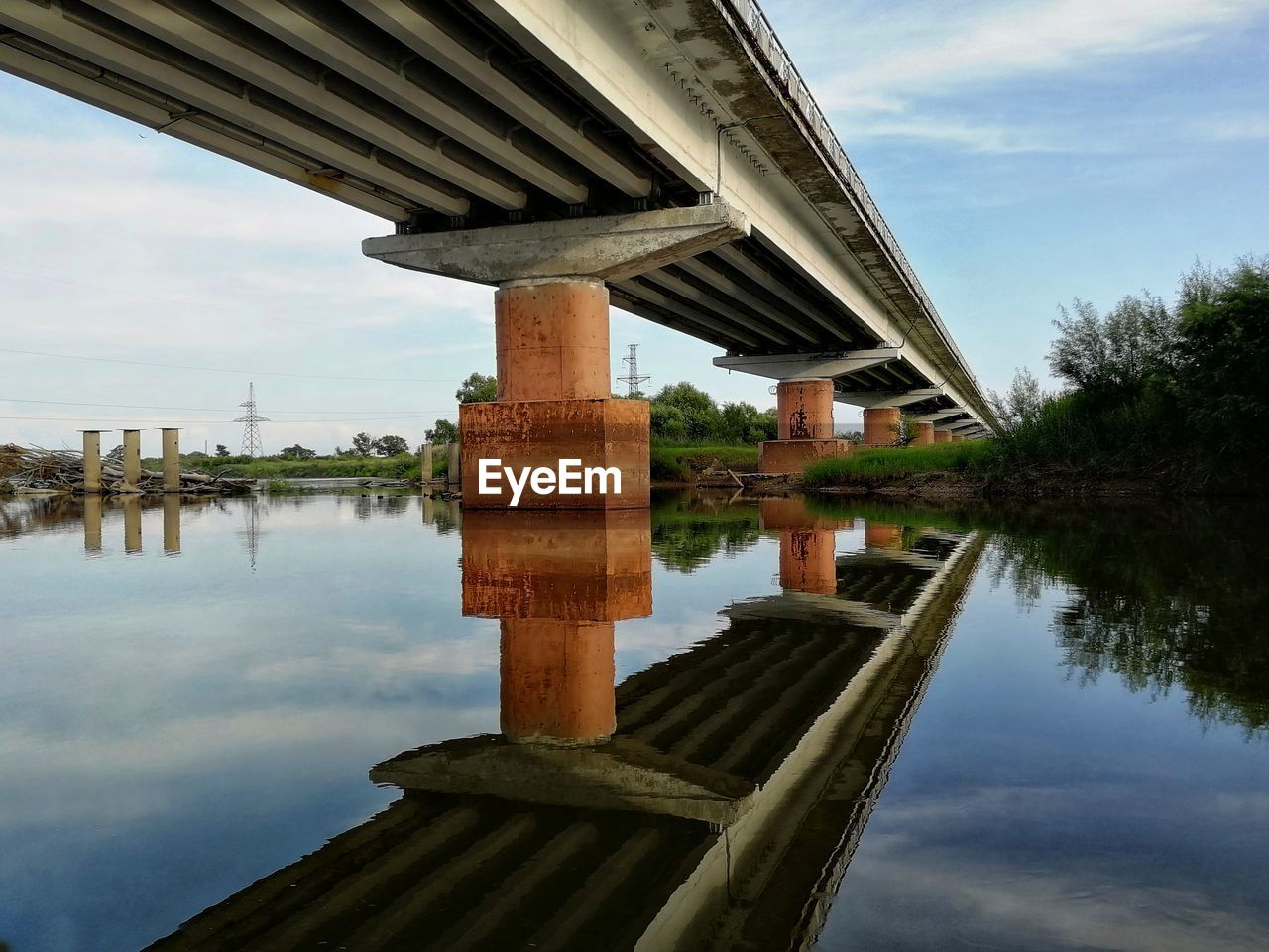 REFLECTION OF BRIDGE AGAINST SKY ON LAKE