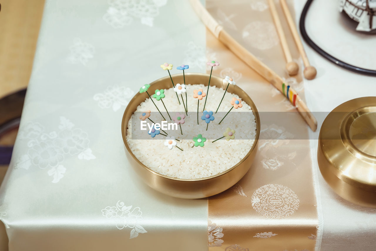 indoors, table, no people, high angle view, celebration, still life, tableware, event, food and drink