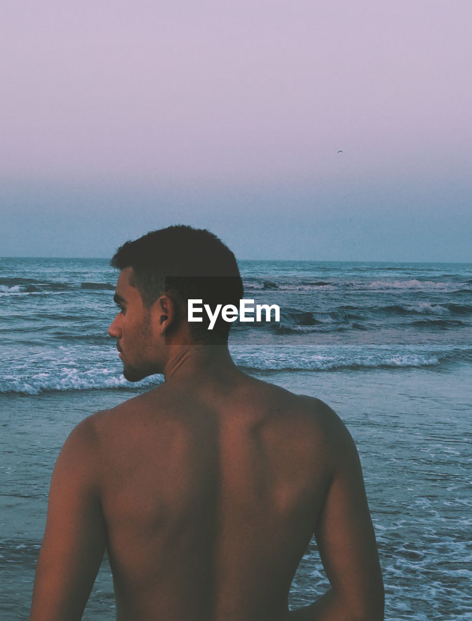 Rear view of shirtless young man standing at beach against sky