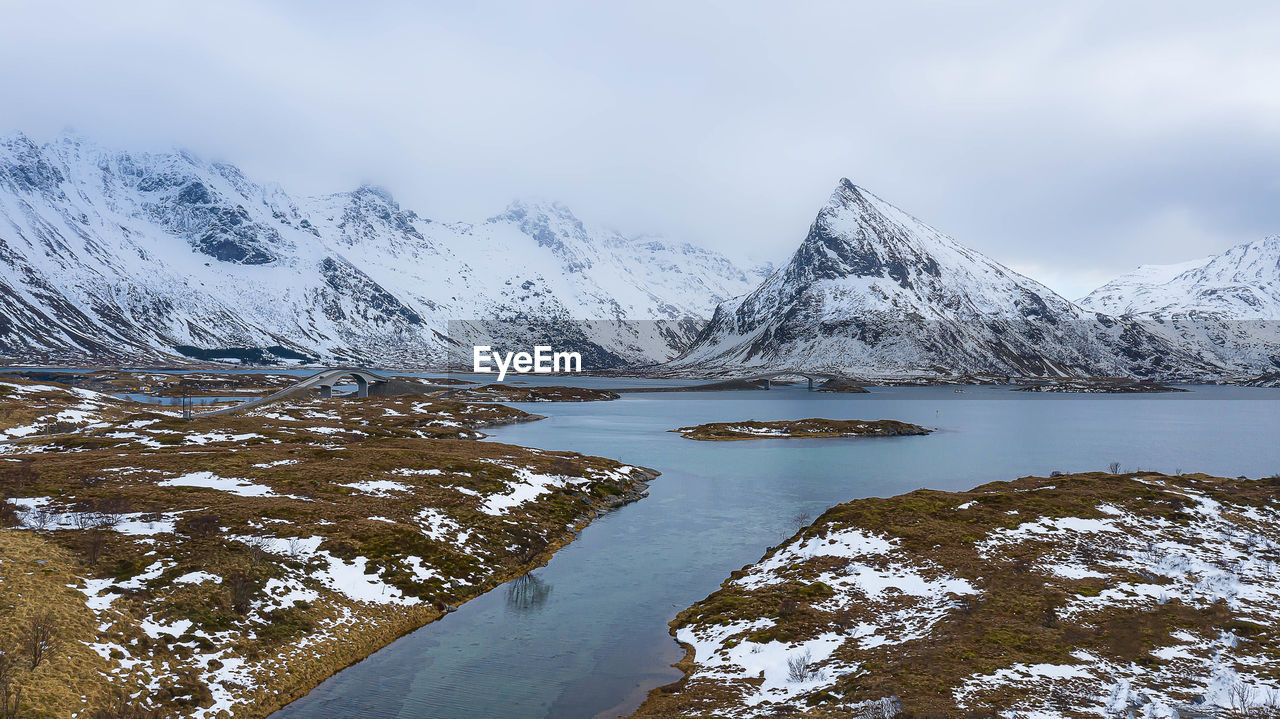 Scenic view of snowcapped mountains by lake against sky