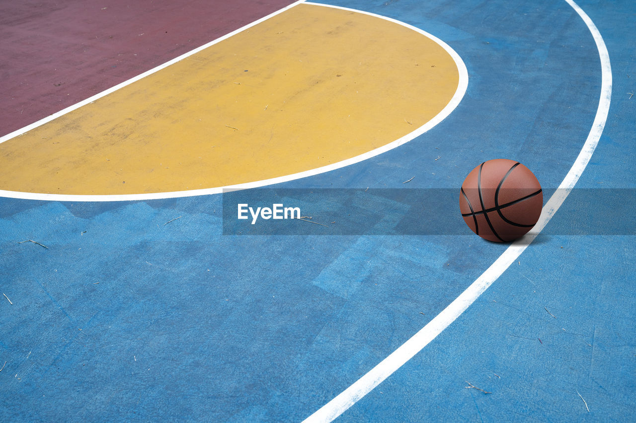 High angle view of basketball in court