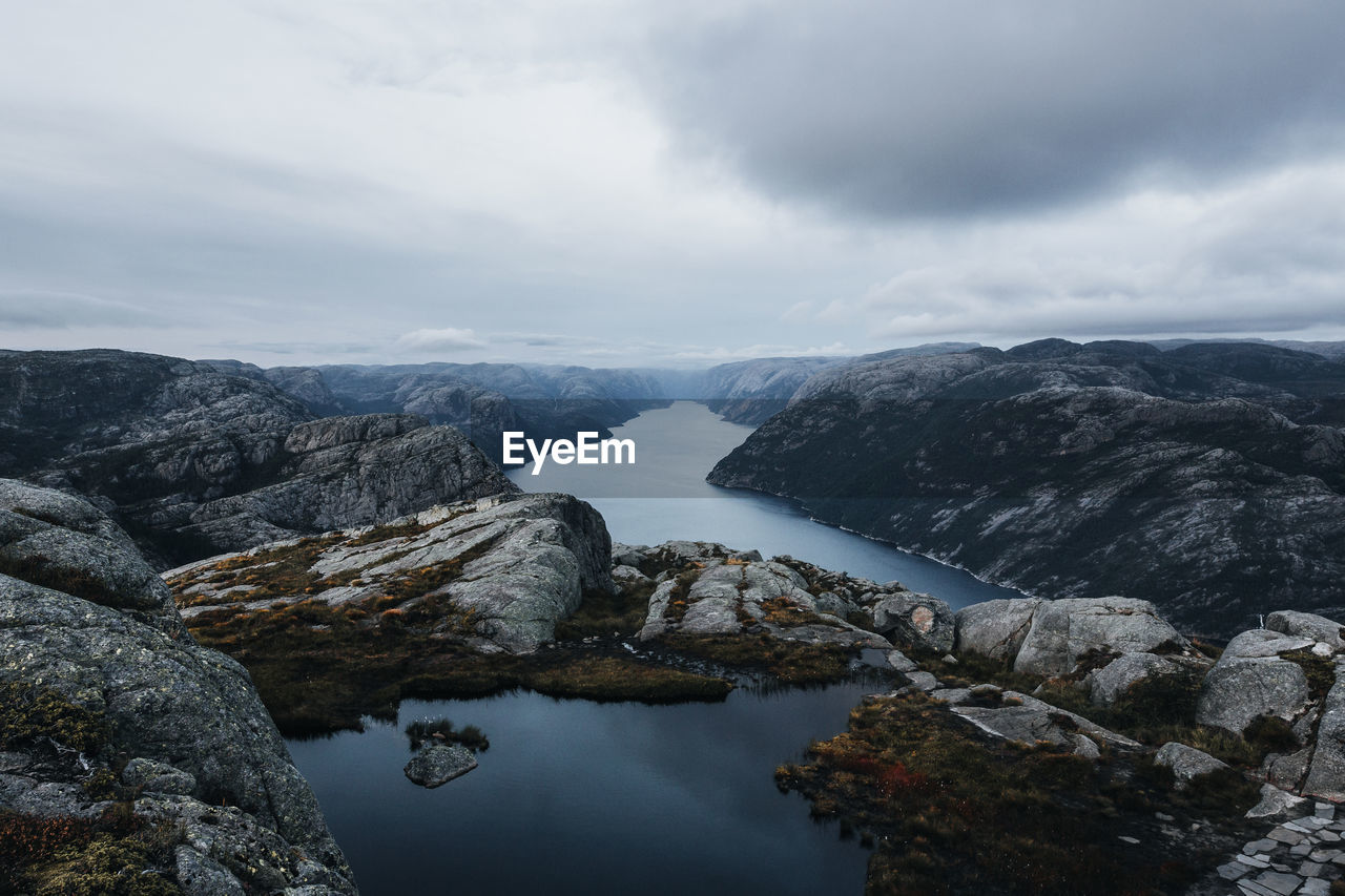 Scenic view of mountains and fjord against sky