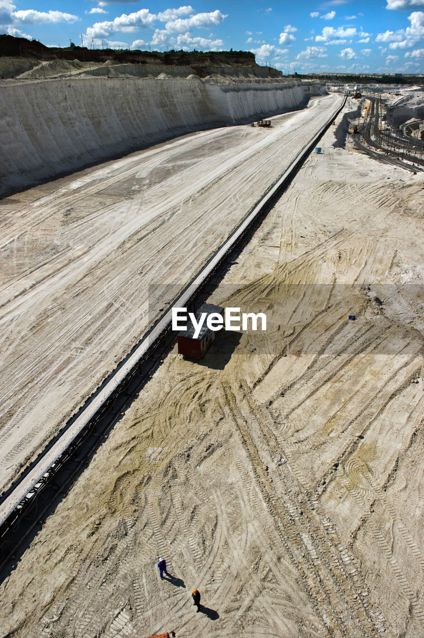 High angle view of conveyor belt at mining industry