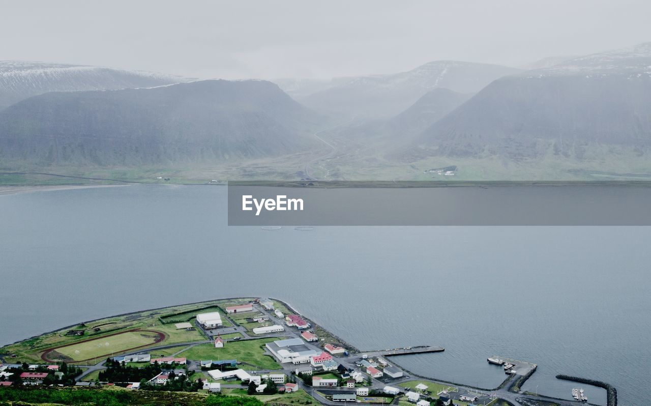 Scenic view of small village from the mountain, in the west fjord of iceland.