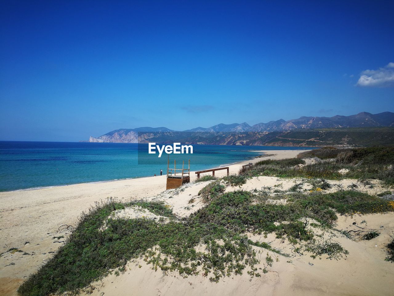 Scenic view of beach against clear blue sky