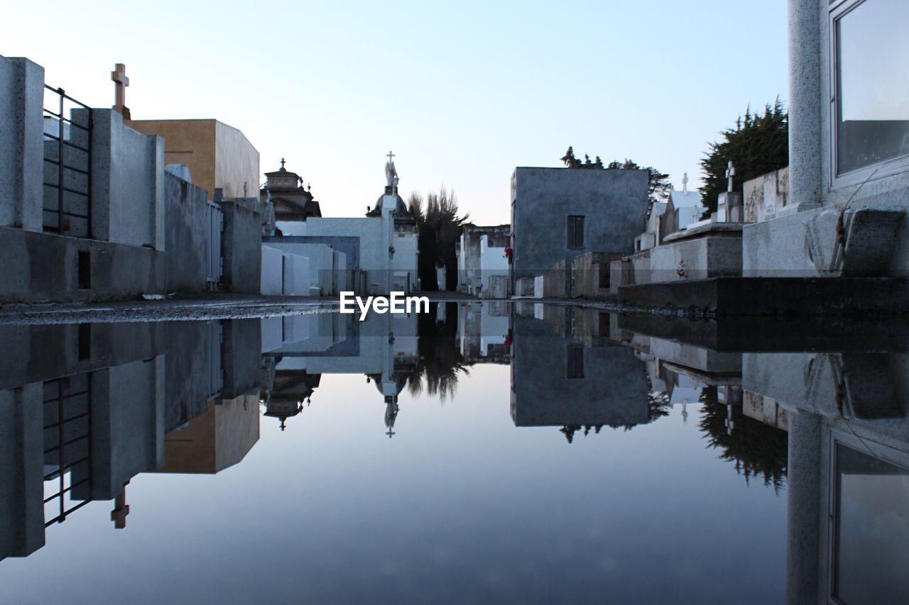 REFLECTION OF BUILDINGS IN LAKE