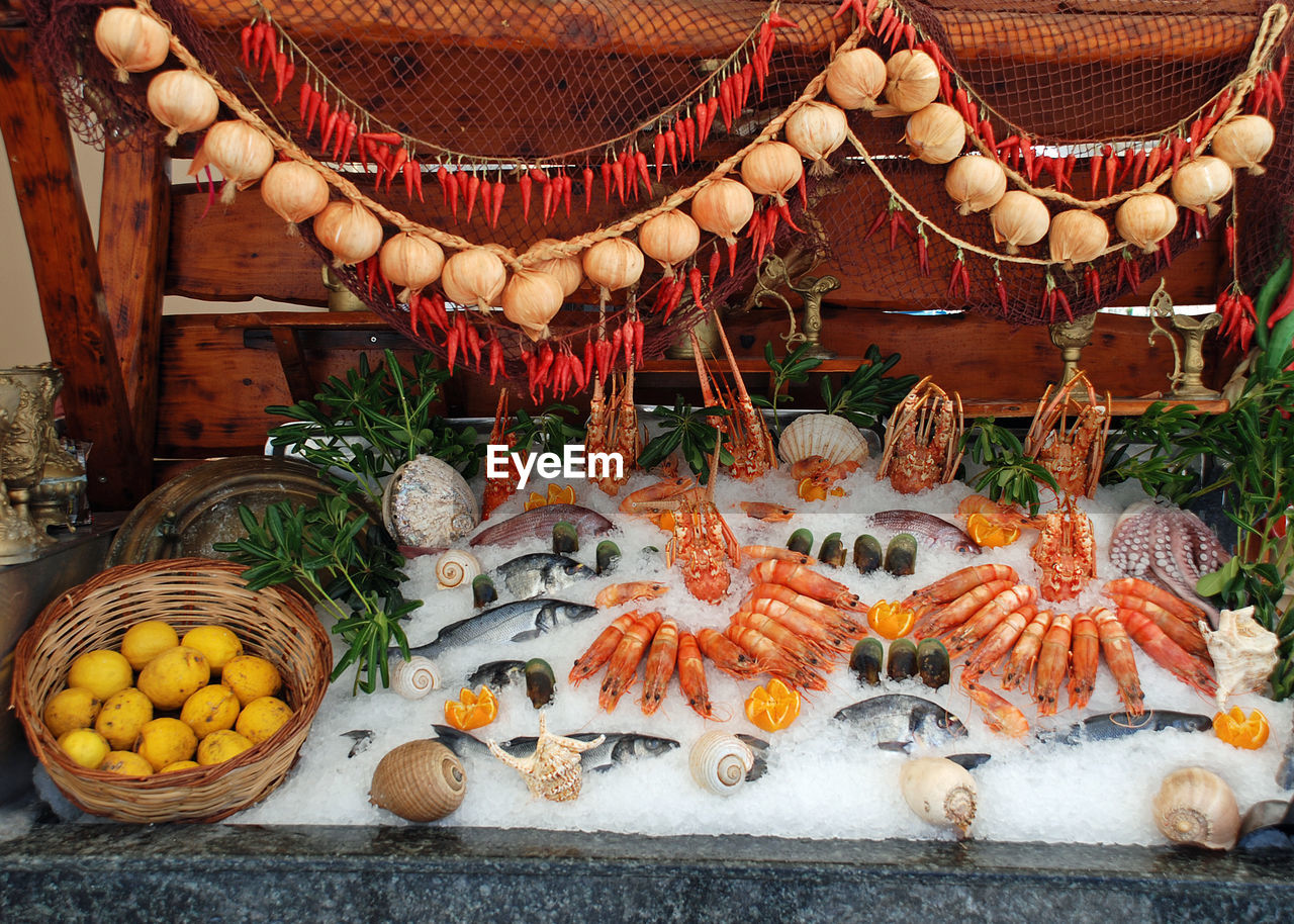 High angle view of frozen fish in container for sale at market