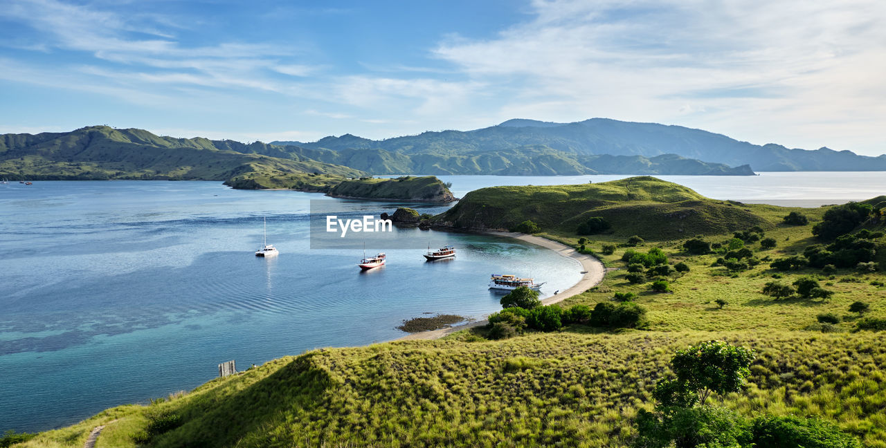 Aerial view of beach and mountain against sky