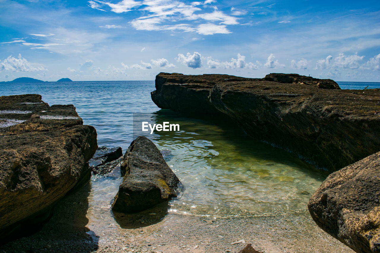 Rocks on beach against sky