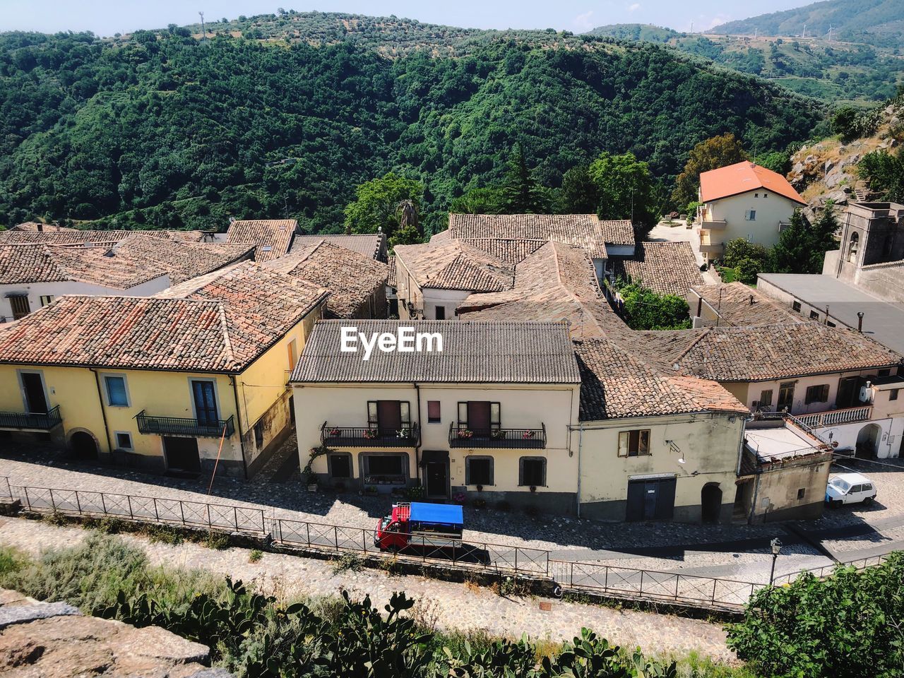 High angle view of houses in town