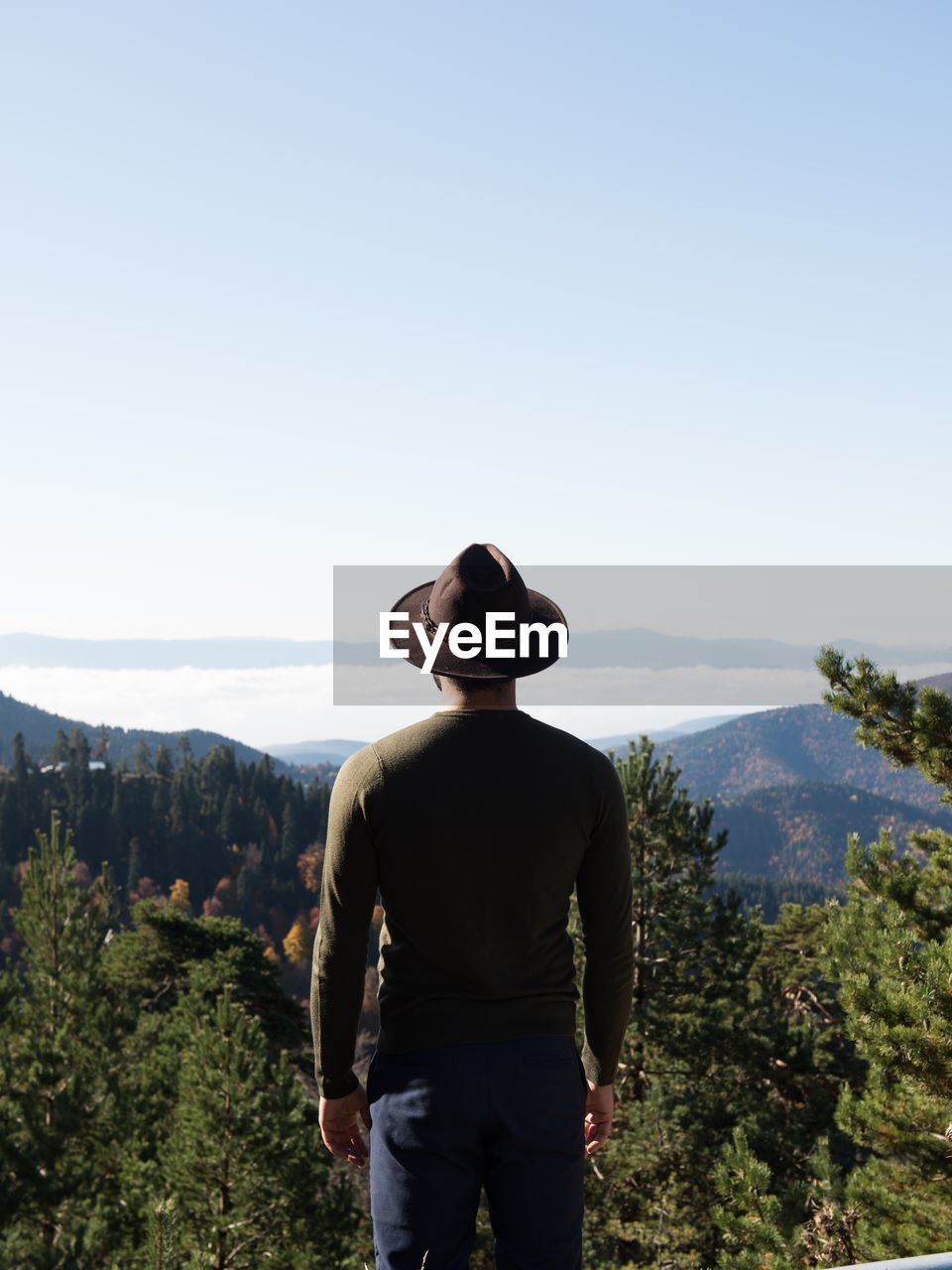 Rear view of man looking at mountain against sky