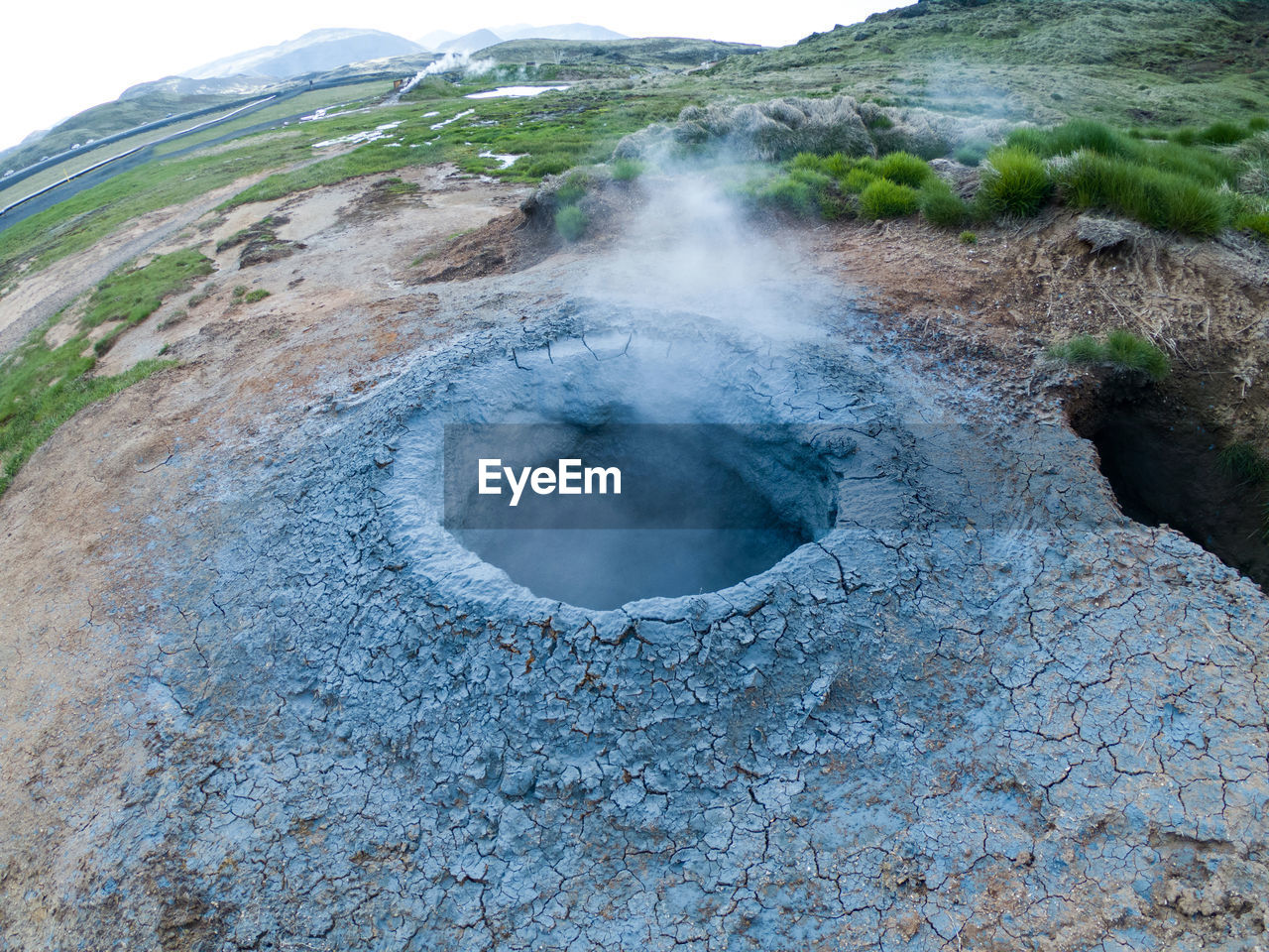 Geothermal active zone in hveragerdi, iceland with volcanic hot spring, fumarola