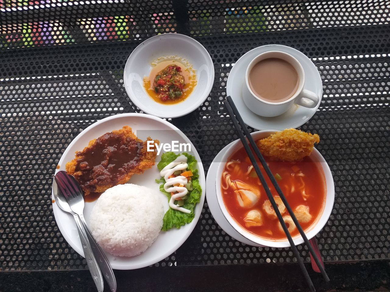 High angle view of breakfast served on table