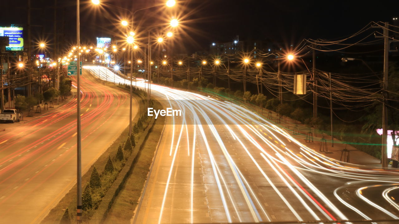 Light trails on road at night