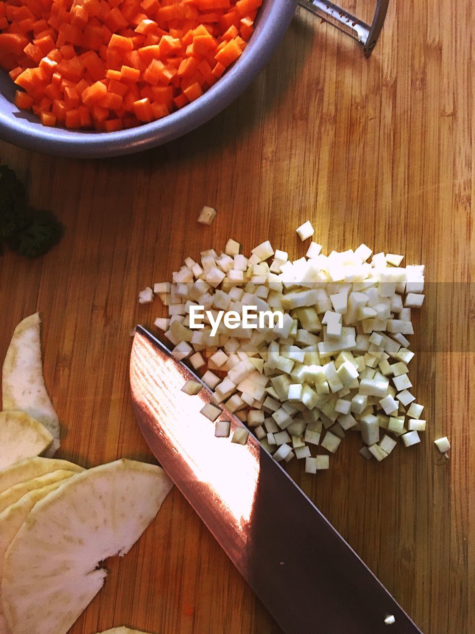 High angle view of chopped vegetables on table