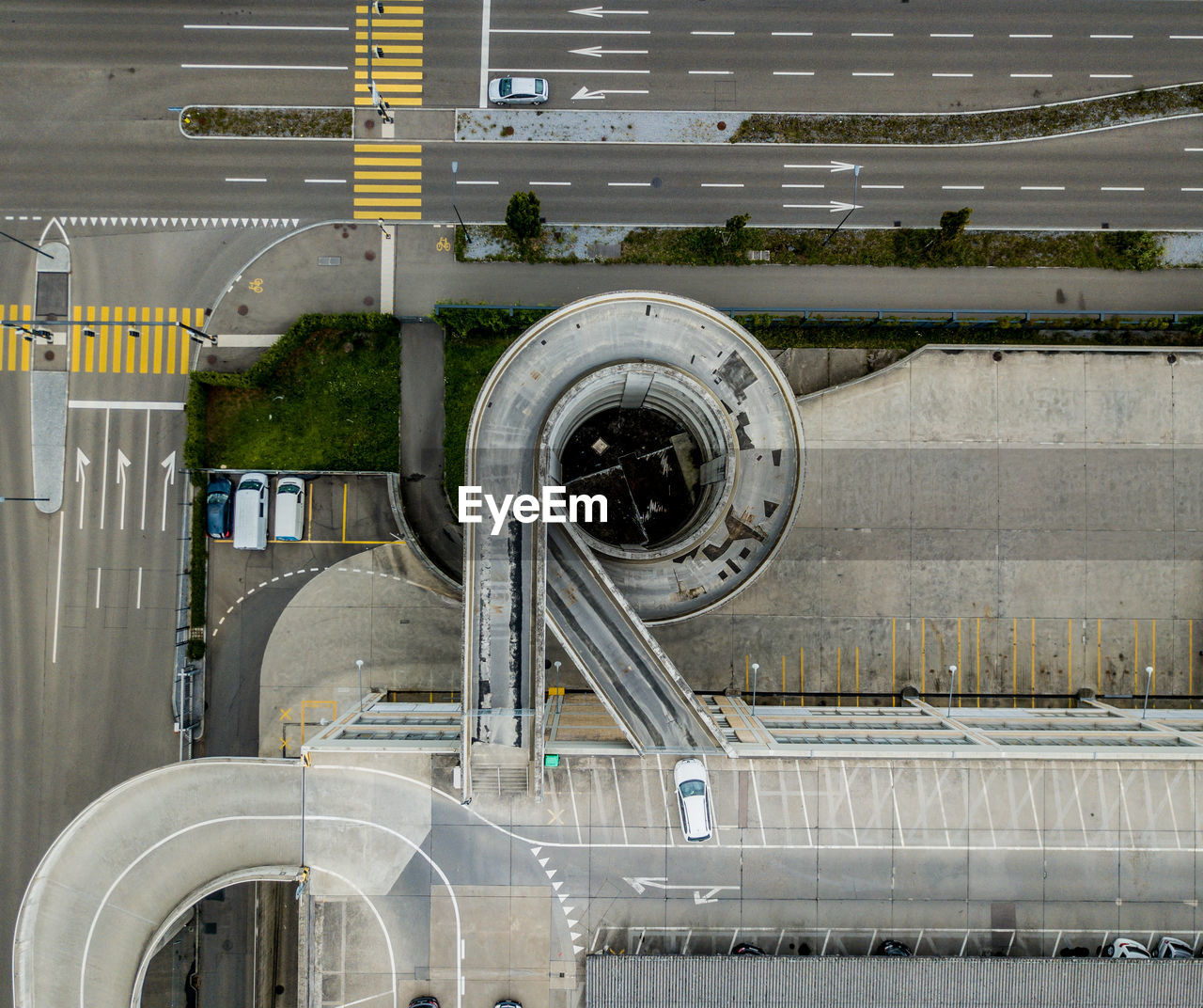 Aerial view of road and parking lot