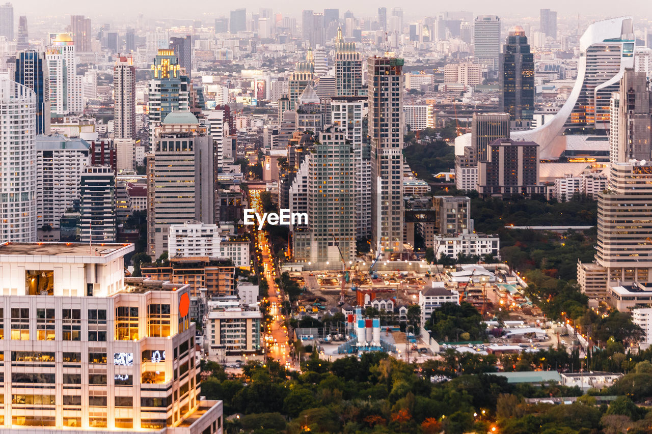 High angle view of modern buildings in city