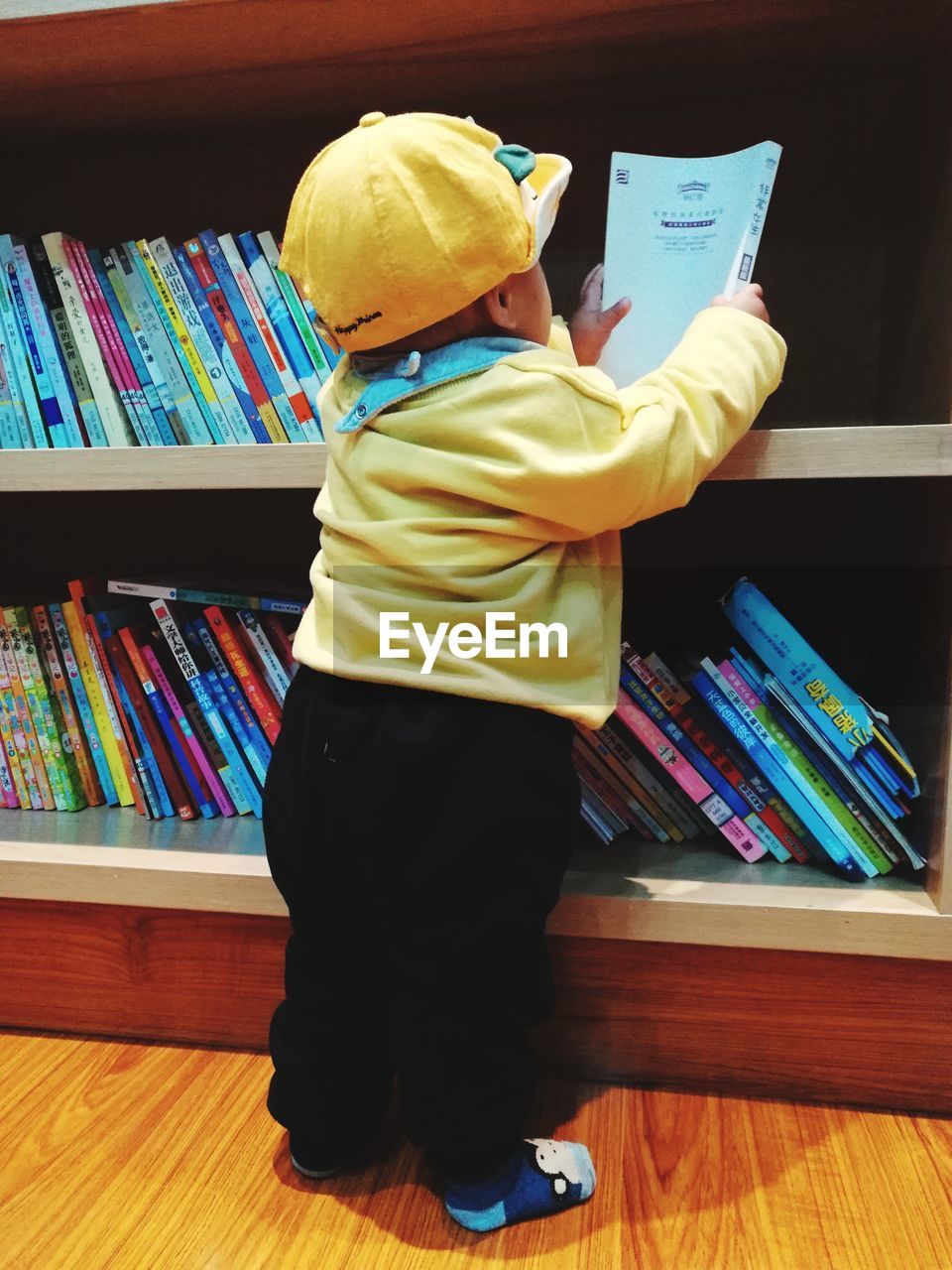 REAR VIEW OF BOY READING BOOK AT SHELF