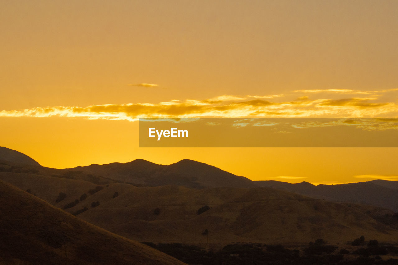 Scenic view of mountains against sky during sunset