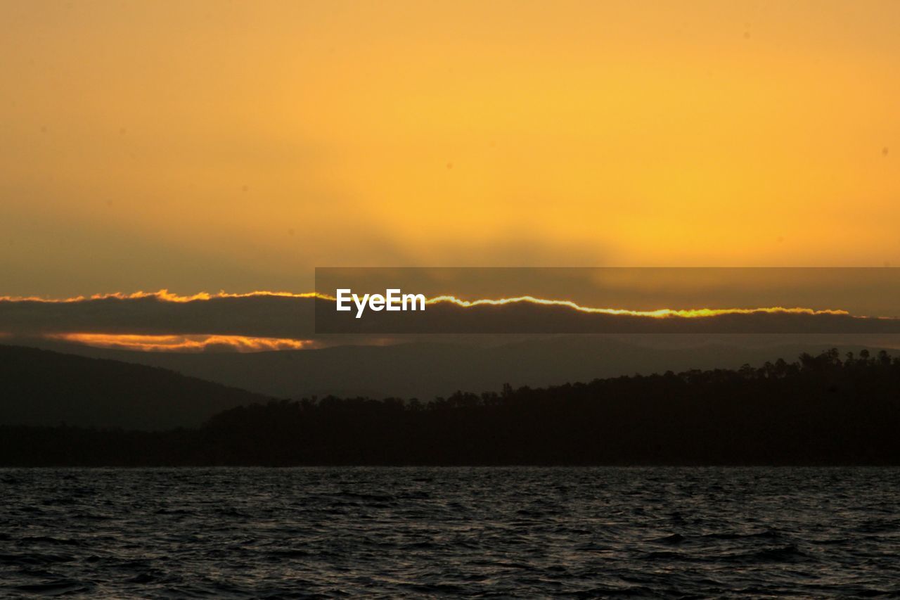 SCENIC VIEW OF LAKE AGAINST SKY DURING SUNSET