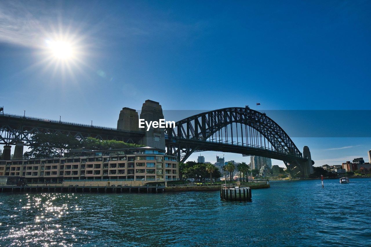 View of bridge over river against blue sky