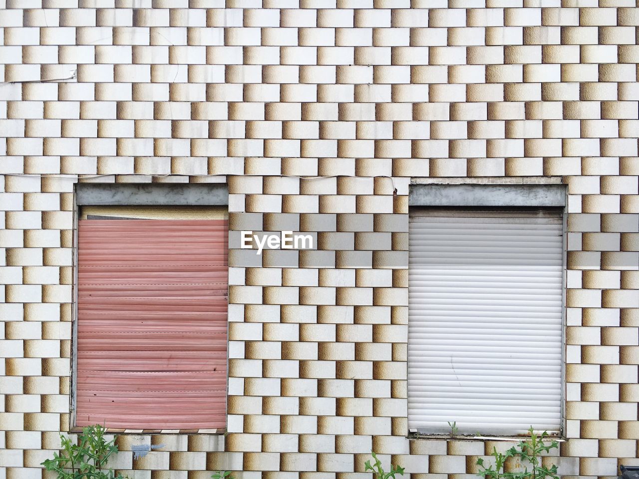 Closed window shutters on patterned wall