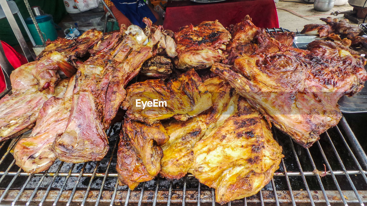 HIGH ANGLE VIEW OF MEAT FOR SALE