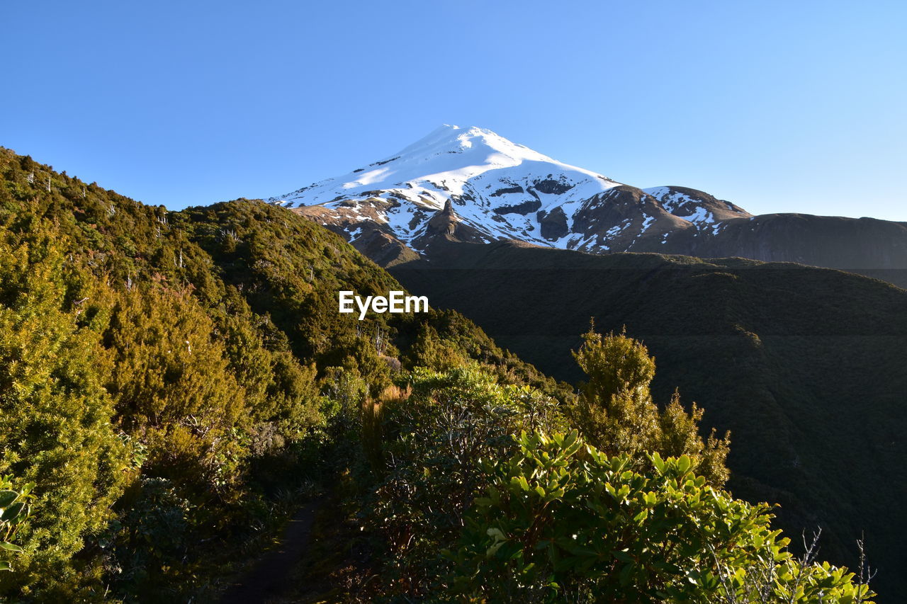 Scenic view of snowcapped mountains against clear sky